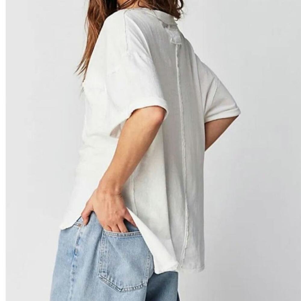 Free People We The Free Oversized Raw Seam Deep V Henley Tee White XL #Boho